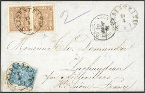 8,10. 52 skillings porto til Frankrike. 4 skill og et horisontalt par 24 skill på dobbeltvektig brevomslag til Saone, stemplet "Tvedestrand 19.1.1864". Ved siden fransk transittstempel. Baksiden med "Sandøsund" samt tre franske stempler.