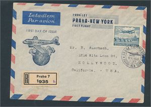 TSJEKKOSLOVAKIA-FFC Praha-New York 17. VI. 1946. Diverse stempler bak