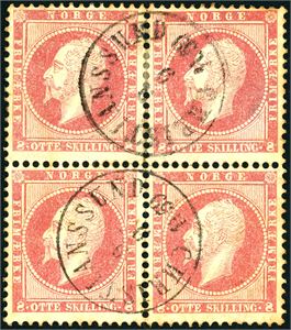 5. 8 skilling Oscar i 4-blokk, stemplet "Christianssund 9.9.1859".