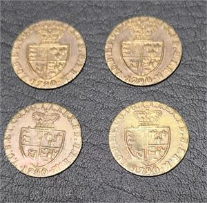 ENGLAND 1800-tal, parti fyra spelpenningar i mässing.