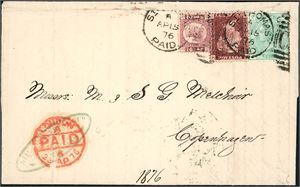 Z 1, Z 3 pl 156. Z 30 pl 11. DWI. 1d, 1/2d and 1/- on complete letter, cancelled with duplex "St. Thomas A Ap 15 76, C51" and sent to Copenhagen, Denmark. Transitt "London Paid" in red beside and arrival cds at reverse.