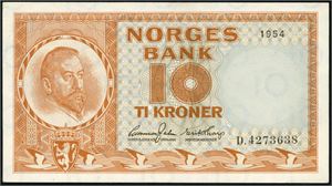 10 kroner 1954, serie D.4273638. 01