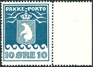 7 I. 10 øre pakke-porto på kartongpapir. Attest L.Nielsen. (20.000,-).