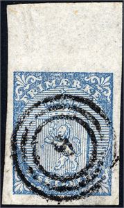 1. 4 skilling våpen 1855, anert med nummerstempel "9"" (Alstadhaug, NO). Arkrand i øvre kant, de øvrige gode til normale.