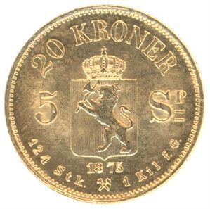 20 kroner/5 Spd 1875 i gull. 0/01