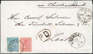 14,15. 12 skillings porto til Scotland. 4 skill 4 og 8 skill 8 på brevomslag til Leith, stemplet "Arendal24.11.1870". Ved siden stemplet "Hull Ship-Letter No 28 70" og påskrevet "via Christianssand". Baksiden stemplet "Christianssand" og "Edinburgh".
