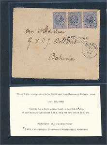 NEDERLAND Brev med Mi 19 x3 til Batavia, Nederlandsk India stemplet "BUSSUM 20 JUL 89". Fyldig beskrivelse på bildet