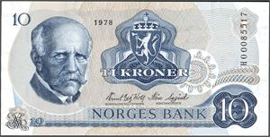 10 kroner 1978, serie HO 0085517. Erstatningsseddel. 0/01