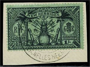 Br. Kolonier NEW HEBRIDES. 83. 1925. 1,25 fr/1 sh. på klip. (€30)