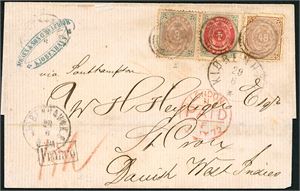 Two letter sent to St. Croix: One with 3-, 4- and 48 skilling (total 55 sk) from Kiøbenhavn" in 1872, and one with two 20 øre twocoloured from "Kjøbenhavn in 1878. Both with faults.
