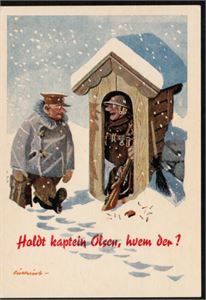 AUKRUST. "Holdt kaptein Olsen, hvem der?" (Forsvarets kantiner). Stpl i 59. Kv. 1-2