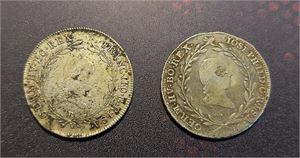 ÖSTERRIKE, Josef II (1765–1790): 2 st 20 Kreuzer i silver (1786 C och 1789 B) med porträtt och lagerkrans,