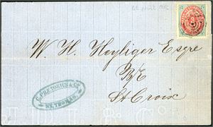 DWI. 3 c bicoloured (1. print, 1873) on entire from St. Thomas to St. Croix, cancelled with a stumb postmark. Cert. L. Nielsen.