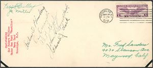 One US 5 c stamps on envelope, cancelled "Brooklyn NY Mar 24 1931". On the left side, written with typewriter "Christening Sir Hubert Wilkins Under Sea Boat "Nautilus" Navy Yard Brooklyn, N.Y." together with 7 signatures of the crew.