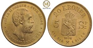 20 kroner 1874/5 Sp. Oscar II. Kv.0/01