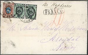 19,21. Russia. 16 Kop postage to Norway. Two 3 K and one 10 K on complete letter to Arendal, cancelled "Onega 23.7.1872". At reverse, two russian postmarks, "Stockholm 8.8.1878" and "Christiania Omk".
