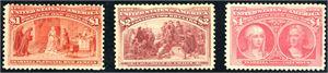 241,242,244. U.S.A. 1 $ and 2 $ Colombian issue, very fine mint. ($ 2050). Also one 4 $ regummed.