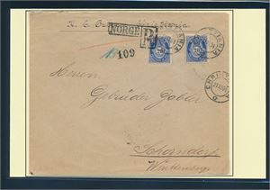 Nk 79 x2 på rekbrev stemplet "CHRISTIANIA 21 XI 04" til Schorndorf, Tyskland