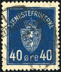 T 6 b. 40 øre Tjenestemerke i grønnblå nyanse, stemplet "Skien 12.5.27". Attest Aune.