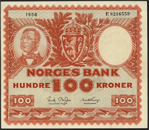 100 kroner 1958, serie F.8216559. 0/01
