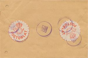 Oblatstempel  BRU (RO), stemplet TA 25 6 45 (7 pkt!) på bankobrev til Oslo frankert med par NK 246. Baksiden med to store røde postoblater og oblatstempel nr. 599 i fiolett farge. Arkivhull berører ikke frimerke eller stempler. Eneste kjente.