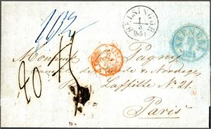 Brevomslag, stemplet "Arendal 23.7.1851" og sendt til Paris. Ved siden "Helsingør 1.3.1851" samt et fransk stempel. Baksiden med to stempler fra Hamburg og ankomststempel.