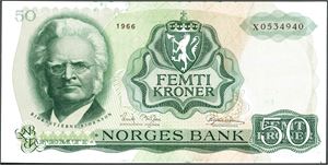 50 kroner 1966, serie X 0534940. Erstatningsseddel. 0