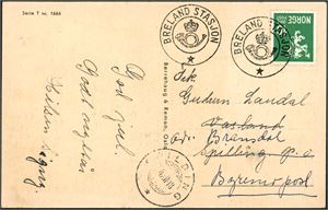 240. 10 øre Løve på postkort, annulert med KPH "Breland Stasjon" og ved siden stemplet "Spilding 4.12.48" og videresendt til Byremo.
