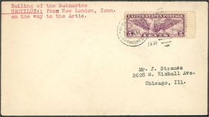 C 16. U.S.A. 5 c US stamp on envelope, cancelled "U.S. Submarine Base Nwe London Conn. Jun 3 31"  and written "Sailing of the Submarine Nautilus: From New London, Conn. On the way to the Artic" beside. Also an unused postcard with photo of Nautilus.
