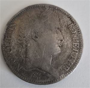 FRANKRIKE Napoleon I, 5 francs, 1810.Porträtt med lagerkrans, tydligt cirkulerat exemplar. 25 gr, 0.900 silver