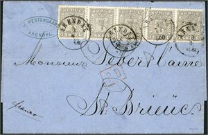 7. 15 skillings porto til Frankrike. 3 skill i horisontal 5-stripe på komplett brev til Bordeaux, stemplet "Arendal 3.4.1868". "Sandøsund" og ankomststempel på baksiden.