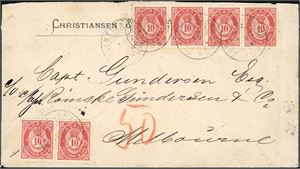 53 II. 60 øres porto til Australia. Seks 10 øre 20 mm på konvolutt til Melbourne, stemplet "Christianssand 1.9.87". Transittstemplet "Brindisi" samt ankomststempel på baksiden. Konvolutten med et par mindre anmerkninger som ikke berører merkene.