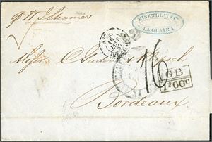 A complete dobbelweight letter from La Guaira, Venezuela to Bordeaux, with "GB 1F 60c", "Avcl Amb. Calais 16 Janv 57" and postagenumber "16" (Decimes) on front. On reverse a red british "CL 16 Ja 16 1857", "Paris Bordeaux" and arrival cds "Bordeaux 18 Janv. 57".