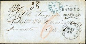 Ufrankert konvolutt, stemplet "Ôster Riisöer 26.4.1858" og sendt til Minnesota, U.S.A. Ved siden "Hamburg"-butterfly-stempel samt "N.York Hamb. Pkt May 18". Baksiden stemplet "K.D.O.P.A. Hamburg".