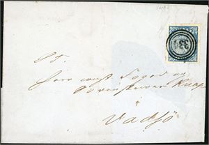 1. 4 skilling våpen 1855 på stor del av brevomslag, anert med nummerstempel "344" (Voss, 6 pkt) og sendt til Vadsø. Merket med tre gode til normale marger, litt smal nede.