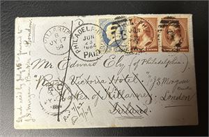 USA Morsomt brev stemplet "PHILADELPHIA JUN 23 1884" til Irland. Omadressert til London og ankomststemplet "9 JY 1884"