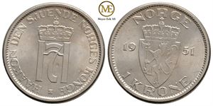 1 krone 1951 Haakon VII. Kv.0/prakt