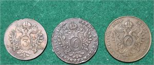 ÖSTERRIKE, Lot en 3- kreuzer och två 6-kreuzer bronsmynt 1800