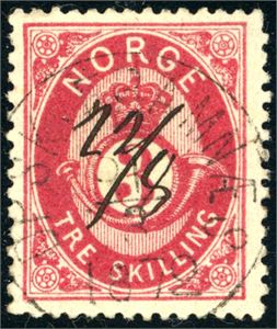 18. 3 skilling Posthorn, rettvendt stemplet "Dpsk: Framnæs 21.3.1872" der datoen er rettet med blekk til "22/8".