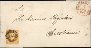 2. 2 skilling Oscar på brevomslag, annullert med nummerstempel "364" og ved siden stemplet "Christiania Bypost 4.5.1864" i rødt.
