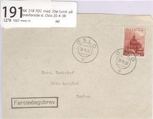NK 218 FDC med 20ø turist på brevforside st. Oslo 20-4-38