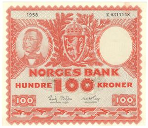 100 kroner 1958 Z.0317148. Erstatningsseddel. SS-seddel. Kv.0