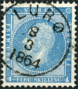 4. 4 skilling Oscar, rettvendt stemplet "Lurø 8.3.1864" (NO, 8 pkt).