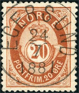 27. 20 øre skravert Posthorn, rettvendt stemplet "Egersund 24.7.1881" (RO). Luksus.