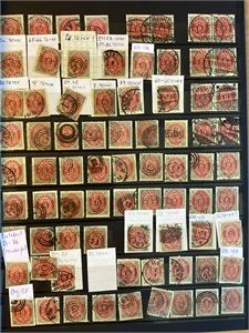 Danmark, samling med øremerker Typer mm. på 8 øre posthorn.  Ca 1400 merker i instikksbok