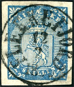 1. 4 skilling våpen 1855, rettvendt stemplet "Flekkefjord 12.2.1856". Gode og jevne marger.