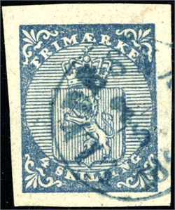 1. 4 skilling Våpen 1855, annullert med skipsstempel "Lindessnæs 2.5.1856" i blått. Gode marger i alle sider.