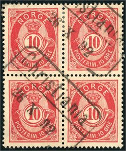 53 VI. 10 øre 20 mm i 4-blokk, stemplet "Christiania 26.10.92".