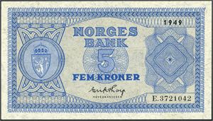 5 kroner 1949, serie E.3721042. 0