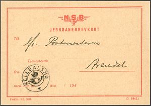 Ufrankert "NSB jernbane-Brevkort", med KPH "Helldalsmo" (AA, 7 pkt) og sendt til Arendal 1. desember 1942.